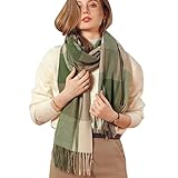 Baynetin Damen Winter Senior Plaid Kaschmir Schal,Kariert Pashmina Übergroßer Herbstschal Stolen,Tartan Schultertuch Mit Quasten,Karomuster Warmer Oversized Fransen Poncho (Grün)