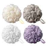 flintronic 4 Stück Badeschwamm, 60g Dusch-Luffa-Kugeln, Masche Schäumend Duschschwamm Körper, Extra Groß, Einfach Schäumend, für Reinigendes Körperpeeling&Peeling (Lila + Beige + Weiß + Grau)