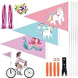 ZJKUBOIS 3 Stück Fahrradfahne für Kinder, Fahrradwimpel Kinder Set mit 5 Stück Fahnenmast, Bunt Fahrradspeichen Deko, Lenker Quasten, Fahrrad Deko Zubehör für Jungen und Mädchen Kinderrad (Mädchen)