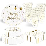 125 Stück Pappteller Partygeschirr,Weiß Gold Fächerförmiger Einweg Geburtstag Pappteller,inkl Pappteller, Becher, Servietten und für Geburtstag Party Supplies