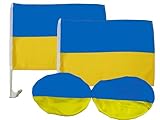 Ukraine Auto Deko Fan-Set, 4-teilig, 2x AutoFlagge, 2x Spiegelfahne Ukrajina Flagge EM