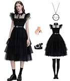 Enenblau Gothic Ballkleid Damen Schwarz, Mehrlagiges Tüll Abendkleid, Halloween Party Outfit Set mit Accessoires Kniestrümpfe, Kette, Haarspange EB003S