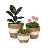 Relaxdays Blumentopf, 3er Set, Schilf, Pflanzentöpfe mit Folie, 3 Größen, Boho-Style, runde Blumenübertöpfe, weiß/braun