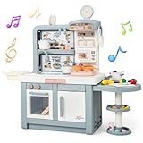 DREAMADE Kinderküche mit 49 TLG. Zubehör, Kinderspielküche mit Herd Spüle Ofen Kaffeemaschine, Spielküche mit Licht & Sound & Dampf-Effekt für Kinder ab 3 Jahren (Grau)