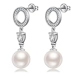 Jiahanzb 925 Sterling Silber Perle Ohrringe für Frauen Cubic Zirkonia Diamant Wasser Tropfen Perle Ohrringe Perlenschmuck für Damen, weiße Perle 10MM