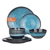 Camping Tafelgeschirr aus Melamin für 4 Personen 12-teilig | spülmaschinenfest | Picknick Geschirrset | Geschirr Campinggeschirr I Stone Blue Design