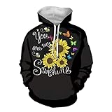 JEOCODY Lässiger Kapuzenpullover für Damen, langärmelig, Sweatshirt mit Tasche, Sonnenblumenmuster, XX-Large