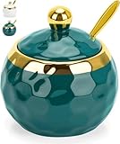 TELANKS Zuckerdose mit Deckel und Löffel, Salzdose mit Deckel, Keramik Gewürzgläser, Salztopf für Haus und Küche, Grünes Marmormuster