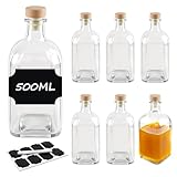 BLIENKREBY 6x Glasflaschen 500 ml mit Korken, Ingwer Shot Flaschen mit Deckel, Mehrweg Shot Flaschen zum Befüllen, 8 Schwarze Etiketten mit Stift, für Saft, Smoothie, ginger, Whiskey und Gewürze