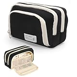 Federmäppchen Schwarz Mäppchen Aesthetic Federtasche 3 Fächer Federmappe Groß Kapazität Pencil Case Schlamppermäppchen Mädchen Jungen Teenager Erwachsene Etui Schulmäppchen Mäpchen für Schule Büro