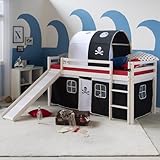 Homestyle4u 2548, Cooles Kinderhochbett Pirat weiß 90x200 cm Holz Kinderbett Rustche Leiter Tunnel Matratze Lattenrost
