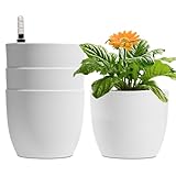 T4U 15cm Selbstwässernder Blumentopf mit Wasseranzeiger Weiß Blumentopf Set 4er-Set, Selbstbewässerung Wasserspeicher Pflanzgefäß Übertopf für Innen- und Außenbereich