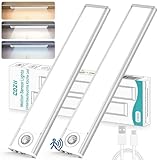 COZII Unterbauleuchte Küche LED, 68 LED Schrankbeleuchtung mit Bewegungsmelder, Unterbauleuchte Akku mit 3 Farbtemperaturen, 3000-6500K, Dimmbar USB Aufladbar Schranklicht Kabellos, 2 Stück 20cm
