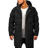 Langer Herren-Puffermantel mit Kapuze – Herren-Steppjacken, elegant, lässig, einfarbig, Outdoor-Daunenjacken, langärmelig, Kordelzug, lange Wintermäntel, wasserdicht, warm, Parka mit Taschen, Schwarz