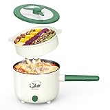 Elektrischer Hot Pot mit Dampfgarer, Multifunktionaler tragbare antihaftbeschichtete Bratpfanne mit Dual-Power-Steuerung, elektrischer Shabu-Shabu-Kocher für, Haferflocken, Nudeln, Ramen, 1,5 l (Grün)