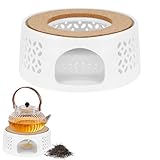 Stövchen für Teekanne, Teewärmer aus Keramik, Hohl Geschnitztes Design, Stövchen Keramik mit Korkmatte, Teekannenwärmer für Wärmeerhaltung von Tee Kaffee - Weiß
