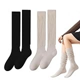 SEFIRST 2 Paar Damen Kniestrümpfe, Stulpensocken Damen, Slouch Socken, Lässige Socken Gestrickte Kniehohe Stiefelsocken Baumwolle Lange Socken Thermosocken Party Zubehör Retro Punk, Schwarz Khaki