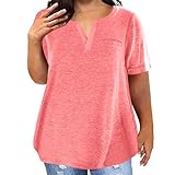 Damen T-Shirt Baumwolle Große Größe Atmungsaktiv Bequem Tshirt Mit Taschen Sommer Volltonfarbe Lockere Lässig Sport T Shirt V-Ausschnitt Kurzarm Basic Oberteil Weiß Sommershirts Tops Für Frauen