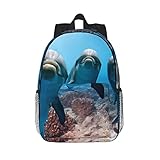 TOPUNY Rosa Flamingos bedruckter Schulterrucksack leichter Reiserucksack Computertasche, Lustiger Delfin mit Meerestieren, Einheitsgröße, Daypack Rucksäcke