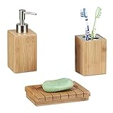 Relaxdays Badaccessoires Bambus, 3-teiliges Badezimmer Set aus Seifenspender, Seifenschale u. Zahnbürstenhalter, natur, 10 x 15 x 17.5 cm