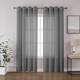 CUCRAF Leinenoptik Grau Voile Vorhänge mit Ösen Halbtransparent Gardine für Schlafzimmer Wohnzimmer H225 x B140cm 2er Set