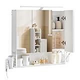 VASAGLE Spiegelschrank Bad mit Beleuchtung, 14,5 x 70 x 70 cm, Stecker, Hängekorb, Haartrockner-Halter, Spiegelschrank, Badschrank, Wandschrank, für Badezimmer, wolkenweiß BBK124W14