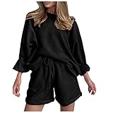 Reasoncool 2-teiliges Set Activewear Set Damen Yoga-Anzug Fitness Loose Langarm Tops Und Hohe Taille Gummiband Sport Kurze Hose Leggings Outfits Trainingsanzug Freizeitanzug Für Workout Gym Joggen