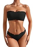 GORGLITTER Bikini Damen Set Bikini Trägerlos Bandeau Bikini mit Wellensaum Bikini Set Zweiteiler Badeanzug Bademode Swimsuit Schwarz S