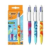 BIC - 4 Colours Velours, Kugelschreiber, mittlere Spitze, 1 mm, verschiedene Designs, Blau, Rot, Grün, Schwarz, 3 Stück