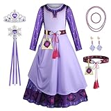 AOOWU Wish Asha Kostüm, Lila Asha Kleid für Kinder Mädchen, Prinzessin Kleid Mädchen mit Krone Ohrringen Halskette Tasche Gürtel, Asha Cosplay Kleider Karneval Halloween Weihnachten Geburtstag(150)