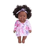 DAWH Babypuppe, schöne niedliche lockige weiche Vinylsimulation Babypuppe mit schwarzem explodierendem Haar für Kinder über 3 Jahre Mädchengeschenk(Q12-037 rosa Rock)