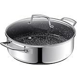 BEZIA Schmorpfanne 28 cm hoher Rand, Schmortopf mit Deckel 5,2L, Edelstahl 18/10, Bräter mit Keramik-Antihaftbeschichtung, Pfanne Induktion, Servierpfanne für alle Herdarten geeignet, Backofenfest