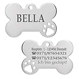 Iberiagifts - Hundemarke Knochen mit Pfoten aus Edelstahl mit Gravur für mittelgroße bis große Hunde und Katzen - Plakette graviert und personalisiert (Mit 1 Pfote)