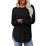 Damen-T-Shirt, einfarbig, Rundhalsausschnitt, gebogener Saum, warm, langärmelig, Damen-Shirt, langärmelig, Schwarz , XXL
