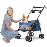 Hundebuggy Klappbar für Kleine Hunde Katzen bis 10kg, Hundewagen 4 Räder mit Stoßdämpfung, Katzenbuggy mit Korb, Bremse, Getränkehalter, Reisebuggy für Welpen Senioren (Blau)