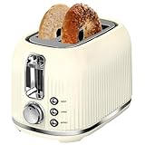 2-Scheiben-Toaster, 1.5' breite Schlitze, 6 Bräunungsstufen, herausnehmbare Krümelschublade, Auftauen, Aufwärmen, Abbrechen, hohe Liftfunktion, leicht zu reinigen - Creme & Silber Chrom