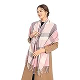 Miss Lulu Damen Schal Kariert übergroßer Quadratisch Deckenschal Winterschal Karo Tartan Streifen Plaid Muster Oversized Fransen Poncho (Rosa)