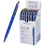 Westcott Kugelschreiber ALLTIME Blau 50 Stück | Vorteilspack Druckkugelschreiber mit blauer Tinte | Strichstärke M mit X20 Standardmine | Dokumentenecht ISO 12757-2 | Stabiler Metallclip | E-737456 00