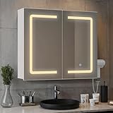 Blishom Spiegelschrank Bad mit Beleuchtung, Badezimmerschrank mit Spiegel und Verstellbares Regal, Badschrank mit LED und Steckdose, Wandschrank, Hängeschrank, Badspiege, 80x60x16cm