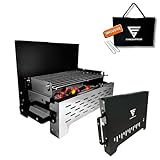 SCHNEIDERFREUDE Klappgrill 2.0: Höhenverstellbarer Camping-Grill mit Doppelfunktions-Zangen & Tasche – DEKRA-geprüfter Holzkohlegrill für Outdoor & BBQ