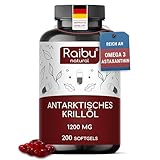 Krillöl 1.200 mg - 200 Weichkapseln, Reich an Omega-3, -6, -9, Astaxanthin und Phospholipiden - Mehr als 3 Monate Vorrat - Frei von Gluten, Laktose und künstlichen Aromen - Kein Fischgeschmack