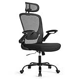 SONGMICS Bürostuhl ergonomisch, Schreibtischstuhl, Drehstuhl mit Mesh, gepolsterte Lendenstütze, Wippfunktion, 53 cm große Sitzfläche, klappbare Armlehnen, Kopfstütze, tintenschwarz OBN047B01