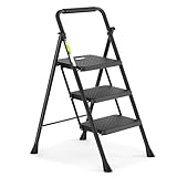 HBTower Trittleiter 3 Stufen klappbar, Leiter mit Breitem Anti-Rutsch-Pedal, Trittleiter mit Bequemer Handlauf, Tragbarer Tritthocker aus Stahl, Schwarz