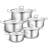 Topfset 5-teilig Topfset induktion Kochtopf Set Topf Töpfe, Kochtopf Set mit Glasdeckel, Edelstahl poliert, Induktions Töpfe Set unbeschichtet (Hellsilber)