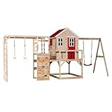 Wendi Toys M23R-G Stelzenhaus Kinder Outdoor mit Klettergerüst & Schaukel, 197 x 508 x 242 cm, Rot, FSC Holz – Kinder Spielhaus mit Kletterturm, Turnstange & Gymnastikgeräten
