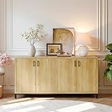 Aufbewahrungsschrank aus Rattan mit 4 magnetischen Türen & verstellbaren Regalen & Griffen, Rattanschrank Rattankommode, Sideboard-Buffetschrank für Flur Eingangsbereich Wohnzimmer Küche Flur