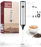 Hixava Milchaufschäumer Elektrisch,Tragbarer Milchaufschäumer Mit 3 Geschwindigkeiten Und Standfuß Milchaufschäumer Stab Mit 2 Edelstahl-Schneebesen Für Matcha Heiße Schokolade Cappuccino (Silbrig)