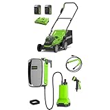 Greenworks 48V (2x24V) Kabelloser Akku Rasenmäher, 36 cm Schnittbreite, 2 x 24V 4Ah-Akkus & Doppelladegerät + Greenworks G24SWP Akku Tauchwasserpumpe, OHNE 24V Akku & Ladegerät, 3 Jahre Garantie