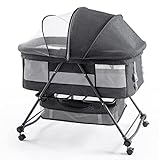 Nostjoy Reisebett, Babyreisebett mit Matratze, zusammenklappbares Beistellbett mit Moskitonetz, atmungsaktives seitliches Netz, Aufbewahrungskorb, 4 Rollen, 9kg (Grau)