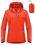 Outdoor Ventures Damen Regenjacke 10000MM Wasserdicht Leichte Gefüttert Packbar Sportjacke Funktionsjacke Atmungsaktiv Fahrrad Jacke mit Kapuze Orange M